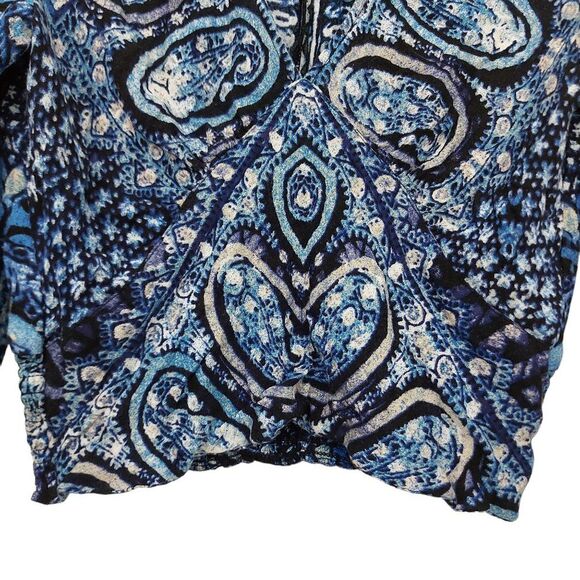 Free People Crop Top Womens XS Blue V-Neck Long Sleeve Paisley Waist Smocked - Picture 8 of 13